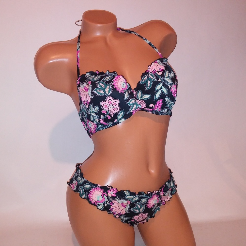 Shade & Shore Swim Bikini 36B Top Medium Bottom Black Pink Floral Lightly Lined
